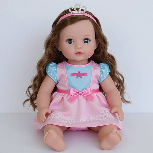 Photograph of a porcelain doll with long brown hair, blue eyes, pink dress with white lace, light blue top, pink bow, and silver ti