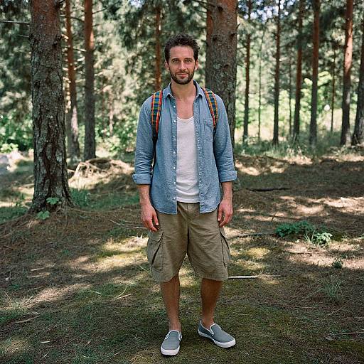 Photograph of a bearded man with short brown hair, wearing a blue denim shirt, white tank top, khaki shorts, and gray sneakers,