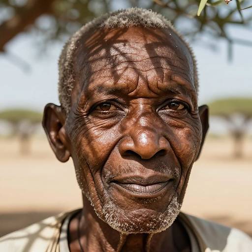 Photograph of an elderly African man with deep wrinkles, short gray hair, and dark brown skin, smiling under tree shadows, blurred background.