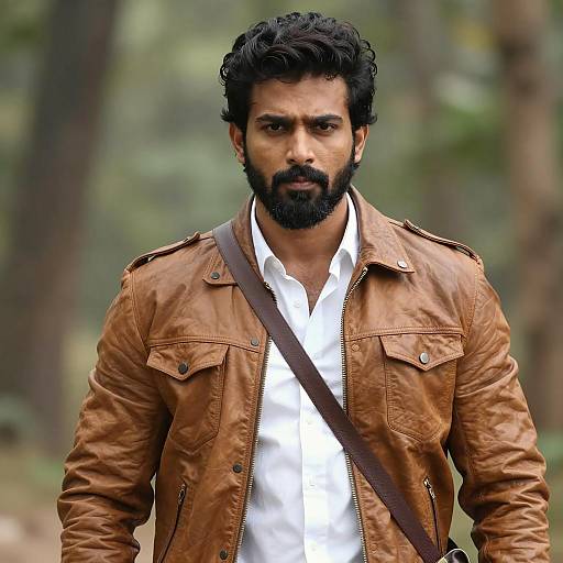 Muscular Indian Man in Tan Leather Jacket