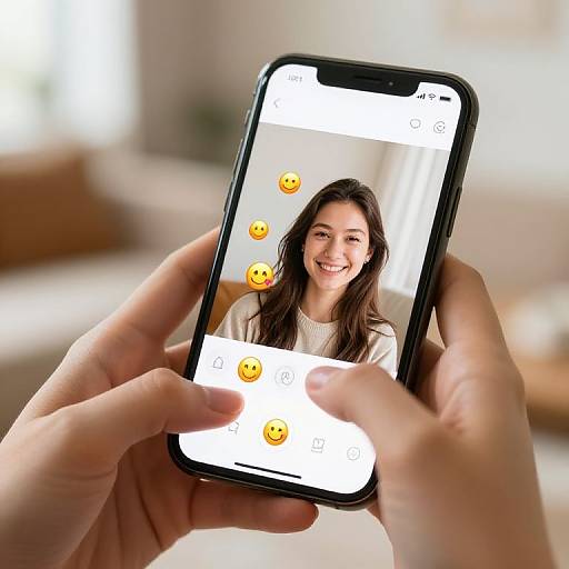 Photograph of hands holding a smartphone displaying a smiling young woman's face with five yellow smiley faces on the screen.