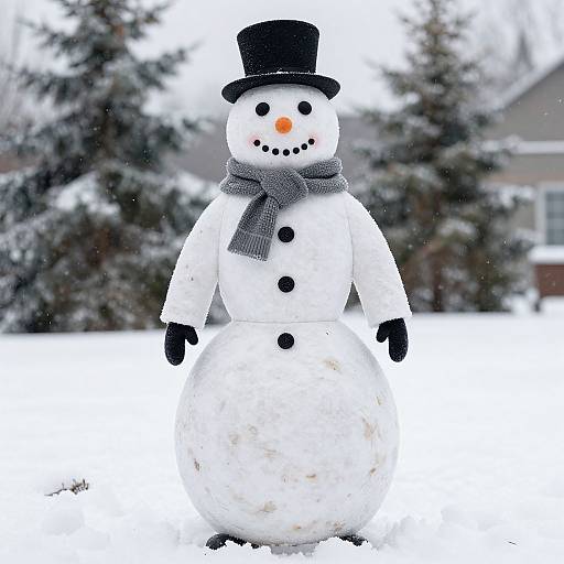 Photograph of a cheerful snowman with a black top hat, gray scarf, black buttons, black gloves, and an orange carrot nose, standing in