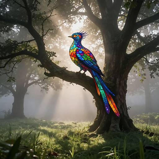 Vibrant, multicolored bird with iridescent feathers perched on a sunlit, misty tree in a lush forest, sunlight filtering