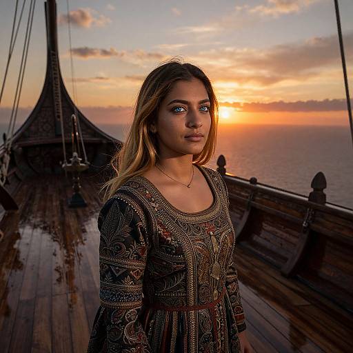 Photograph of a young woman with long blonde hair, wearing an ornate dark dress, standing on a wooden ship deck during a vibrant sunset over the