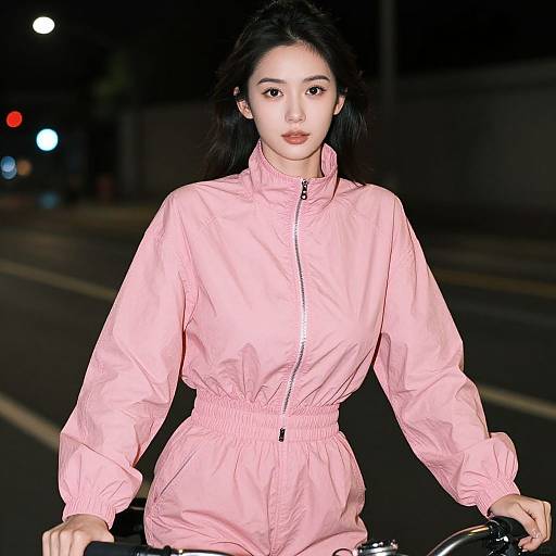 Photograph of an Asian woman with long black hair, wearing a pink zip-up jumpsuit, riding a bicycle at night on a dark street with blurred