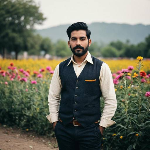 Indian Man in Traditional Attire Standing in Flower Field