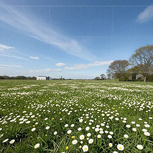 Photograph of a vibrant, sunny meadow filled with white daisies, under a bright blue sky with wispy clouds, featuring distant trees and