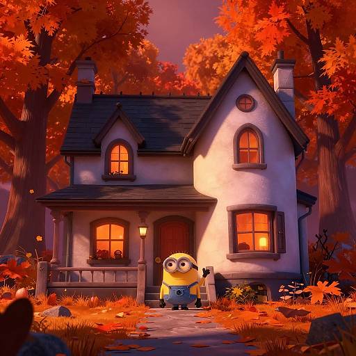 Digital art: A vibrant, autumnal scene featuring a yellow Minion standing in front of a charming, two-story cottage with glowing windows, surrounded by