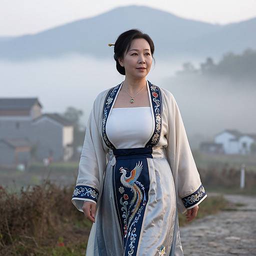 Photograph of an East Asian woman in traditional Korean hanbok, white with blue embroidery, standing on a misty rural path. Mountains and houses