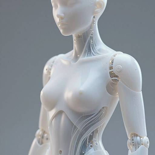 CGI image of a sleek, silver, humanoid robot with a smooth, glossy finish, visible joints, and intricate wiring, standing against a gradient gray