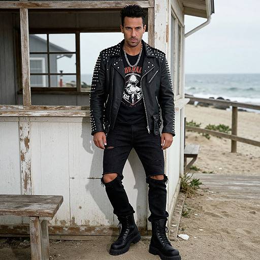 Photograph of a muscular man with short black hair and beard, wearing a studded black leather jacket, ripped black jeans, and boots, standing on
