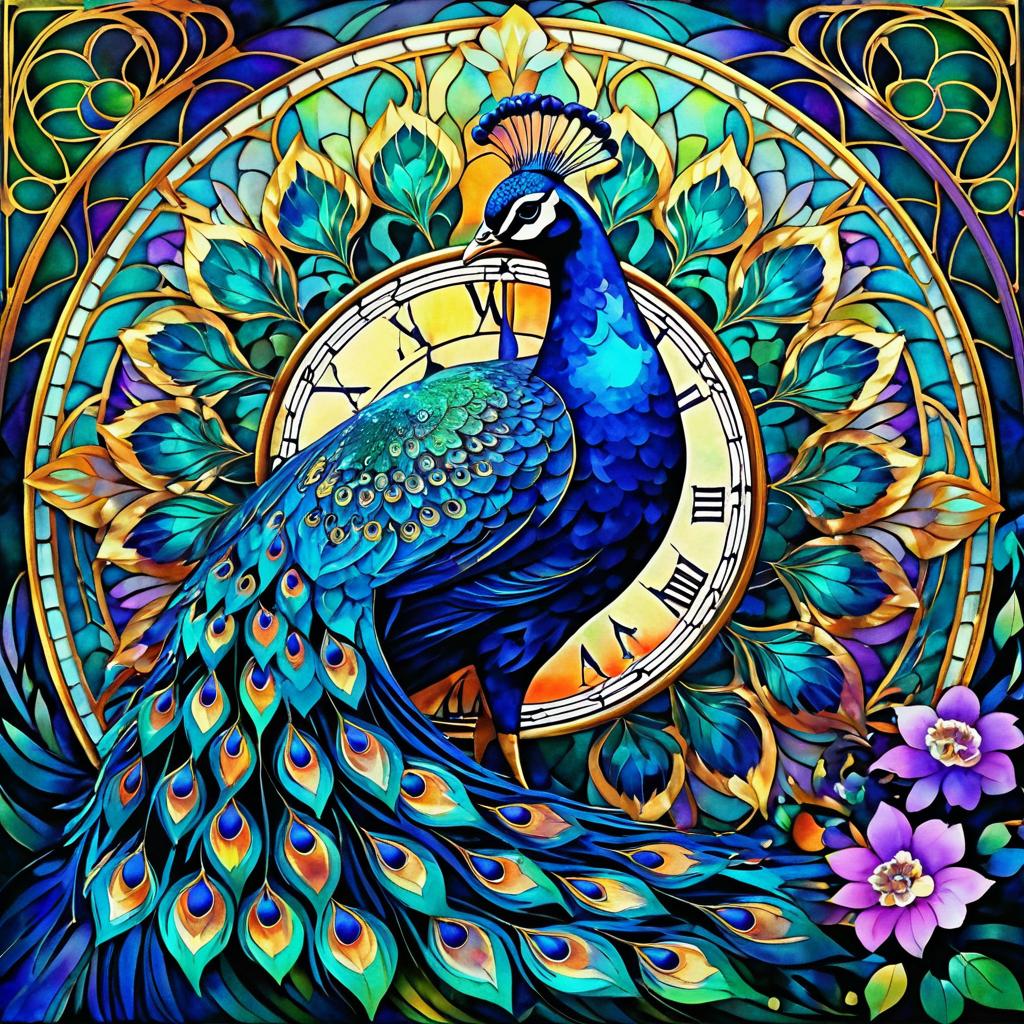 Vibrant Art Nouveau Peacock in Bloom