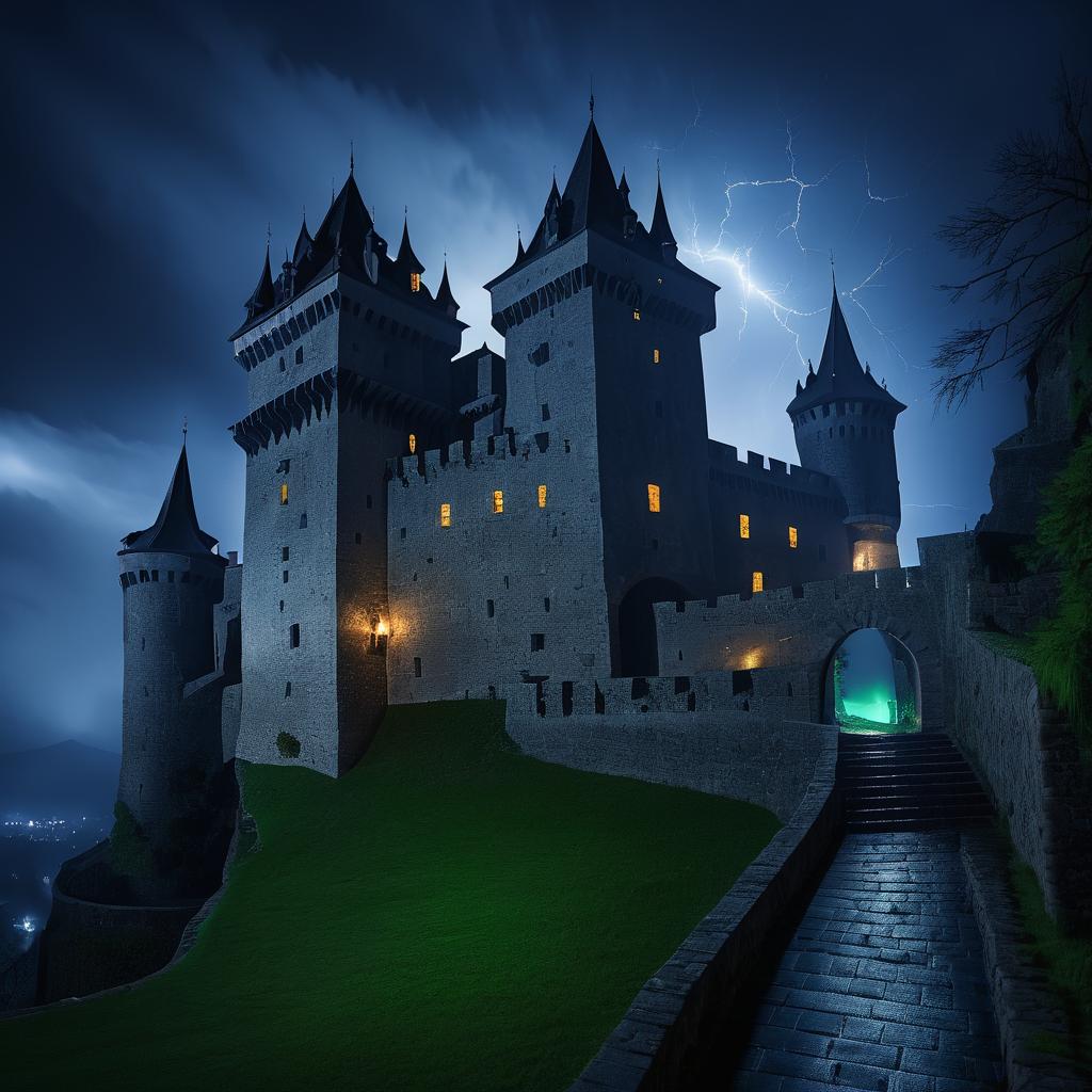 Eerie Rainy Night at a Castle Fortress