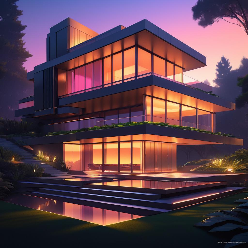 Luxurious Brutalist House at Sunset