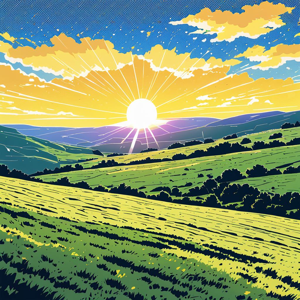 Comic-Style Rolling Uplands with Sun