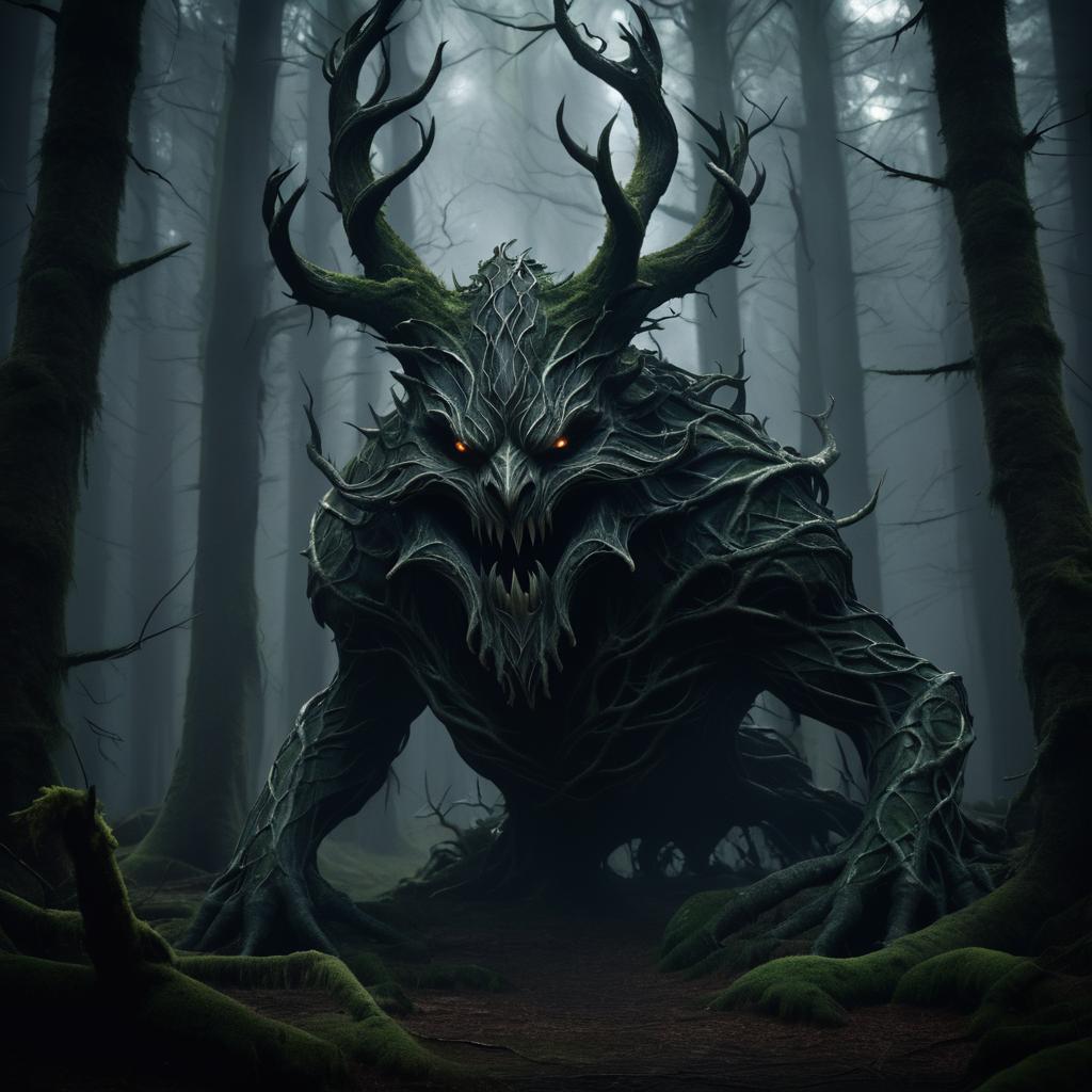 Eerie Twisted Creature in Dark Forest