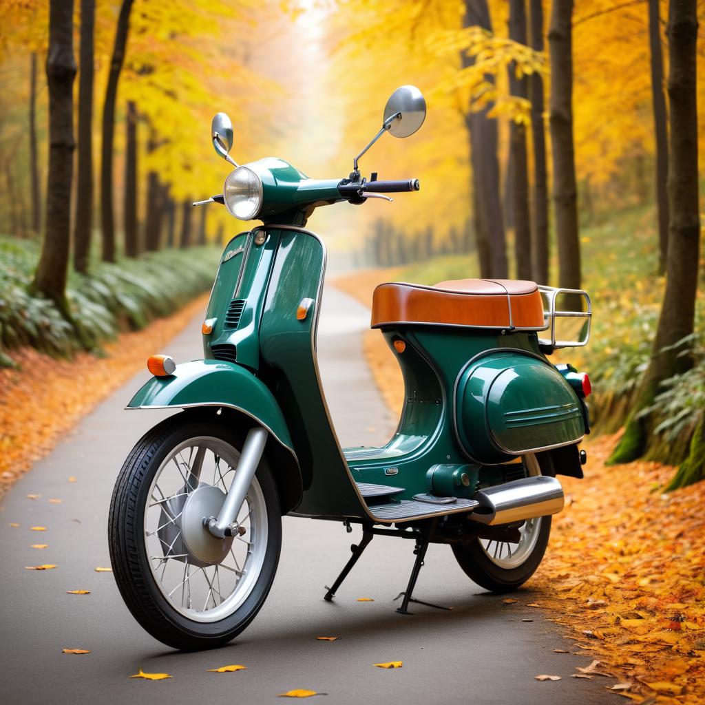 Classic Moped in Autumn Forest Path