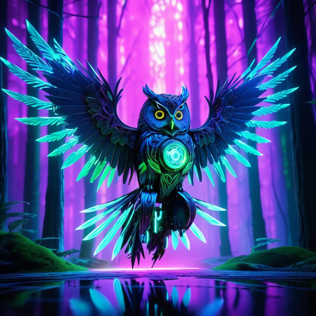 Cybernetic Owl in a Neon Forest