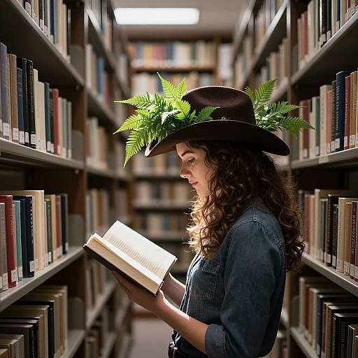 Photograph of a curly-haired woman in a denim shirt and black hat with ferns, reading a book in a library aisle.