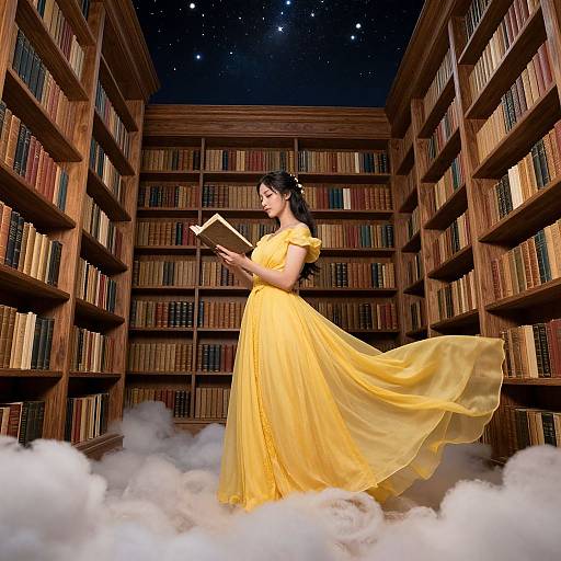 Photograph of a woman in a flowing yellow dress, reading a book in a starry library surrounded by clouds.