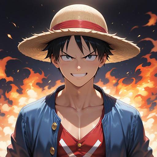 Anime Character Monkey D. Luffy with Straw Hat and Flames