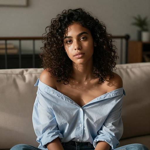 Sunlit Young Woman on Beige Couch