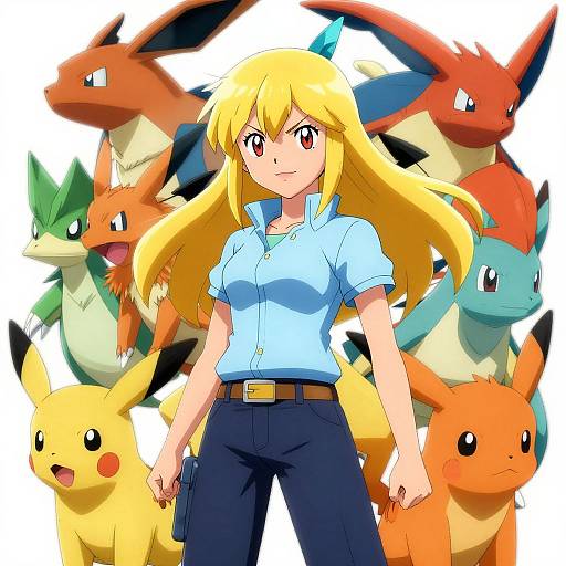 Digital anime-style illustration of a blonde woman in a blue shirt and black pants, holding a gun, surrounded by various Pokémon.