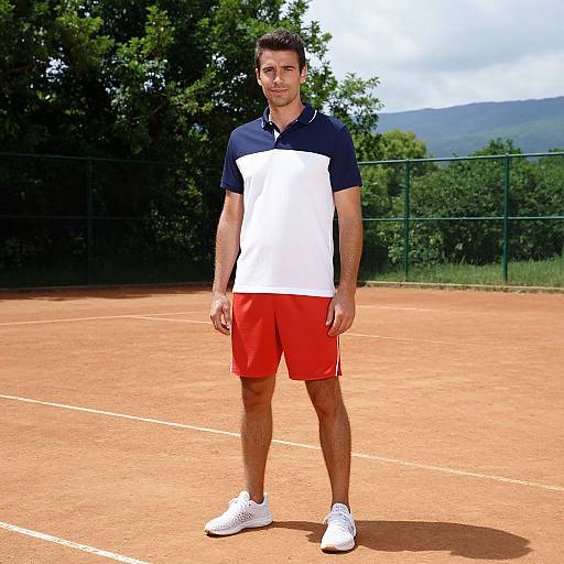 Photograph of a young man standing on a clay tennis court, wearing a black and white polo shirt, red shorts, and white sneakers, with green