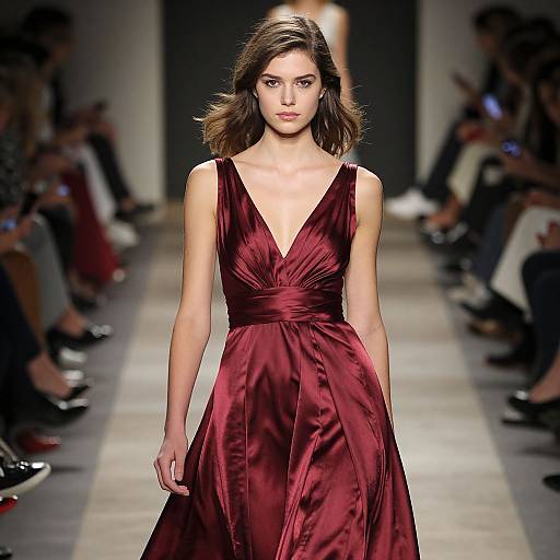 Photograph of a young woman with shoulder-length brown hair, wearing a deep red, sleeveless, V-neck satin gown, confidently walking down a fashion