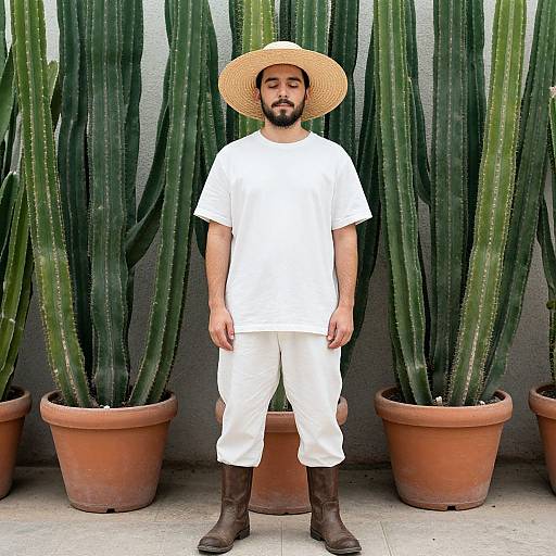 Photograph of a bearded man in white outfit, straw hat, brown boots, standing before tall green cacti in terracotta pots.