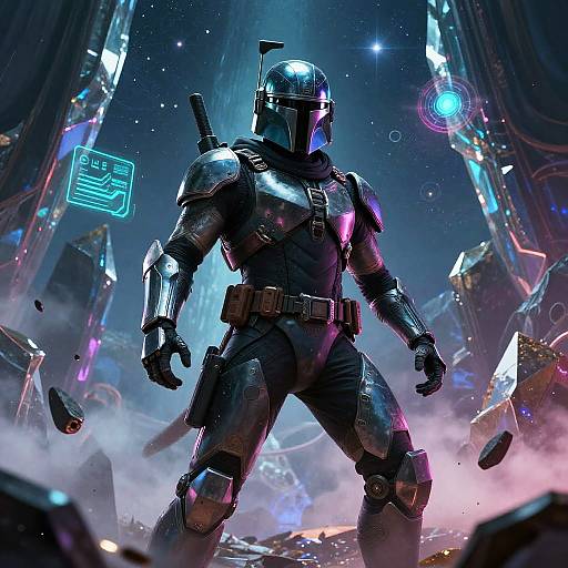 Photorealistic sci-fi image of a armored, helmeted soldier standing in a neon-lit, futuristic, war-torn city with debris and digital