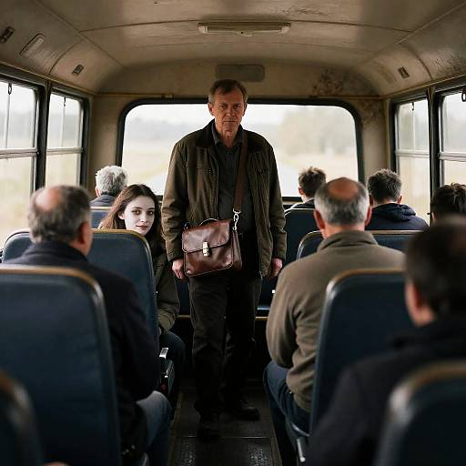 Middle-aged man standing in rustic old bus interior