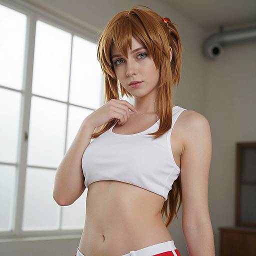 Photograph of a fair-skinned, red-haired woman with blue eyes, wearing a white sports bra and white shorts, standing in a sunlit room