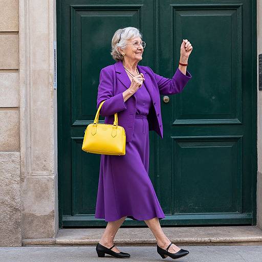 Photograph of an elderly woman with short white hair, wearing a purple dress and blazer, black flats, yellow handbag, and glasses, walking