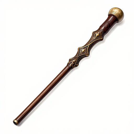 Photograph of an ornate, dark brown wooden staff with intricate gold geometric patterns, topped with a gold cylindrical endpiece, set against a plain white