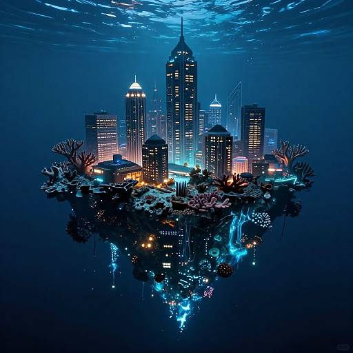 Digital artwork: Futuristic underwater cityscape with glowing skyscrapers, illuminated buildings, coral reefs, and vibrant blue lighting, submerged in dark ocean.