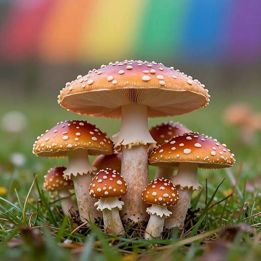 Photograph of vibrant orange and white-spotted mushrooms with raindrops, standing in green grass against a blurred rainbow background.