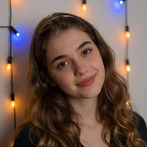Young Woman Smiling with Christmas Lights