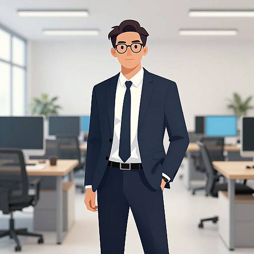 Digital illustration of a bespectacled man in a black suit, white shirt, and black tie standing in a modern, brightly lit office with desks