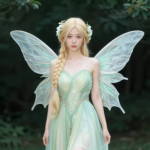 Digital artwork of a blonde fairy with translucent wings, wearing a shimmering green dress, and a braided hairpiece, set against a dark forest background