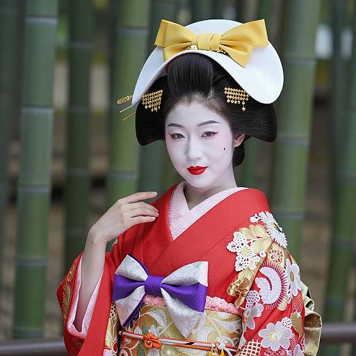 Japanese Woman in Traditional Kimono with Bamboo Background