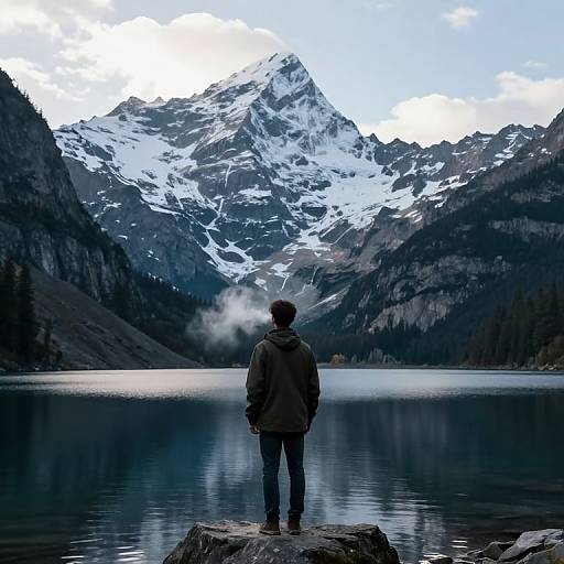 Solitary Figure by Majestic Mountains