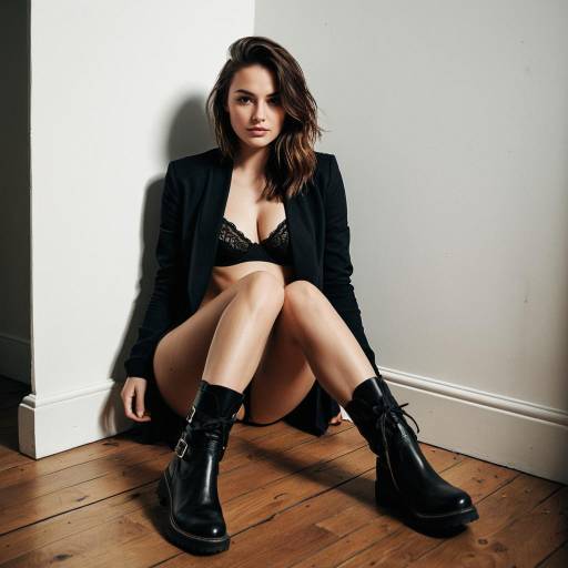 Stylish Woman in Black Lingerie and Boots Indoors