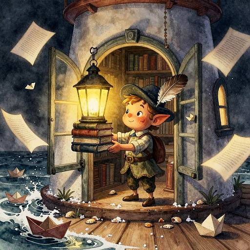 Lantern-Lit Lighthouse Librarian Sprite with Glowing Books