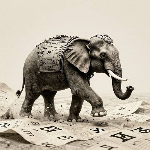 Clockwork Elephant on Parchment Ocean
