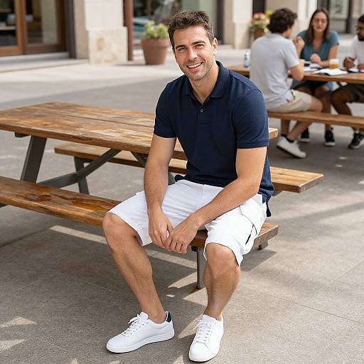 Photograph of a smiling, young, dark-haired man in a navy polo and white shorts, sitting on a wooden bench in a sunny outdoor urban setting