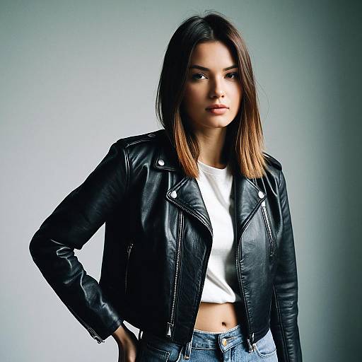 Fashionable Woman with Blunt Straight Hair in Leather Jacket