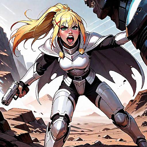 Digital anime-style illustration of a blonde, green-eyed, armored female warrior with a ponytail, shouting, holding a gun and shield, amidst a rocky