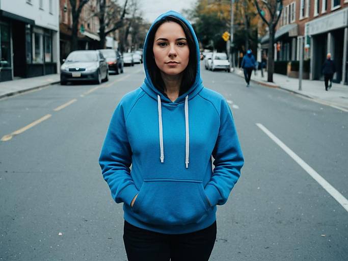 Photograph of a young woman in a blue hoodie standing confidently on an empty urban street, hands in pockets, with blurred buildings and cars in the background