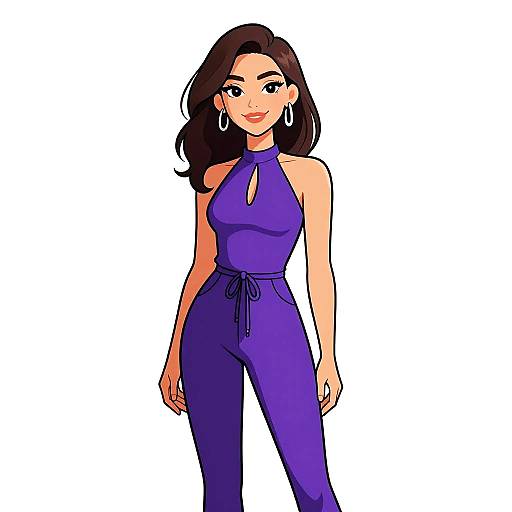 Digital illustration of a smiling woman with medium-length brown hair, wearing a sleeveless, high-neck, purple jumpsuit and large hoop earrings, standing against